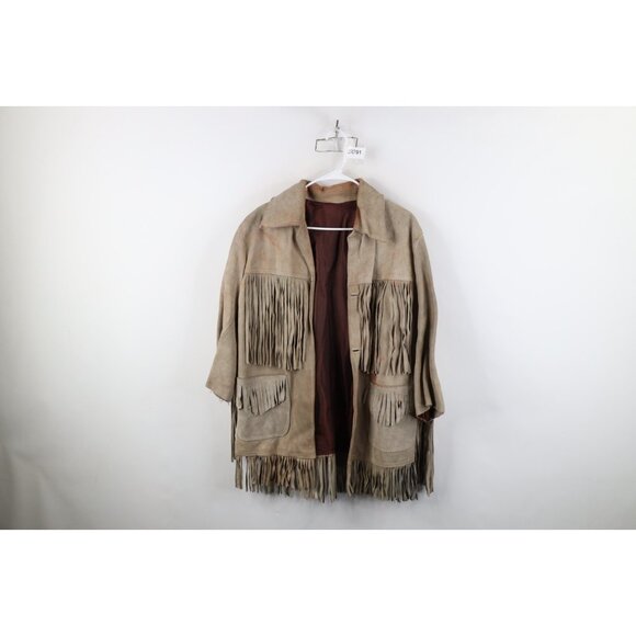 Vtg 60s 70s Streetwear Mens Large Thrashed Fringed Western Suede Leather Jacket - Picture 1 of 16